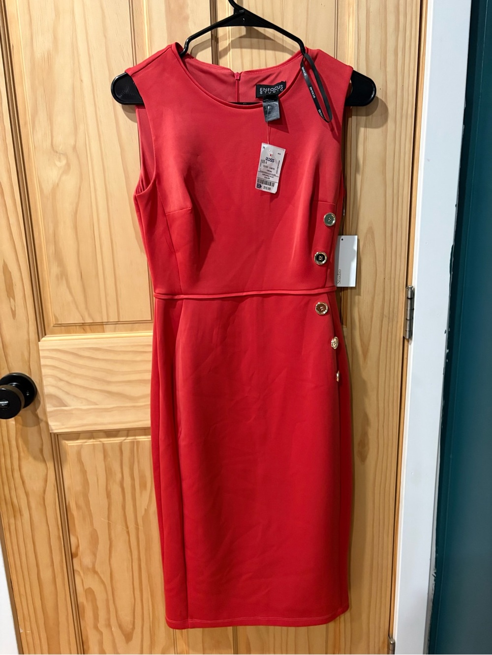 Enfocus Studio Red Sleeveless Midi Sheath Dress with Gold Buttons